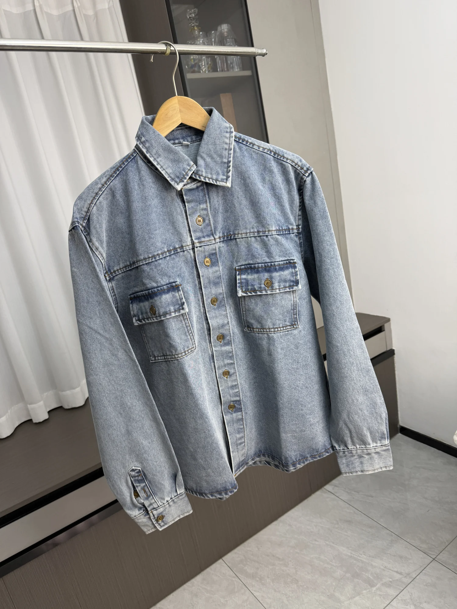 Washed out Vintage Denim Jacket Casual Collar Spring Commute Men's Fashion Urban Style Breathable Long Sleeve Standard Fit