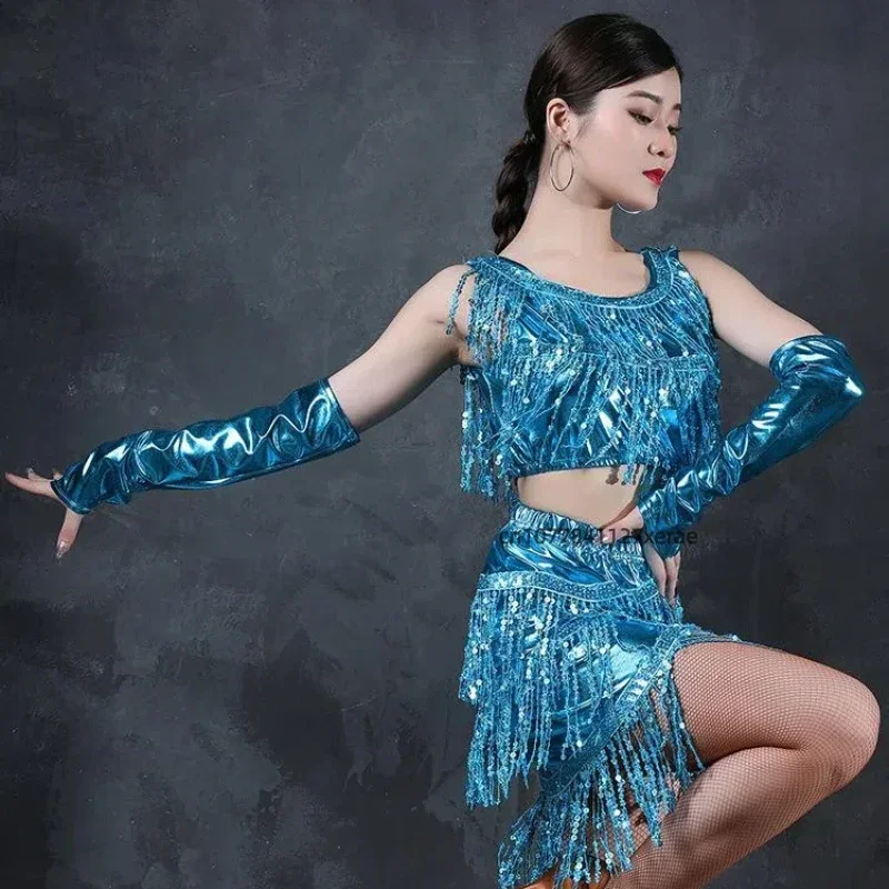 New Belly Dance Latin Dance Skirt Tassel Latin Dance Skirt Split Flash Top Suitable for Female Stage Group Dance Performances