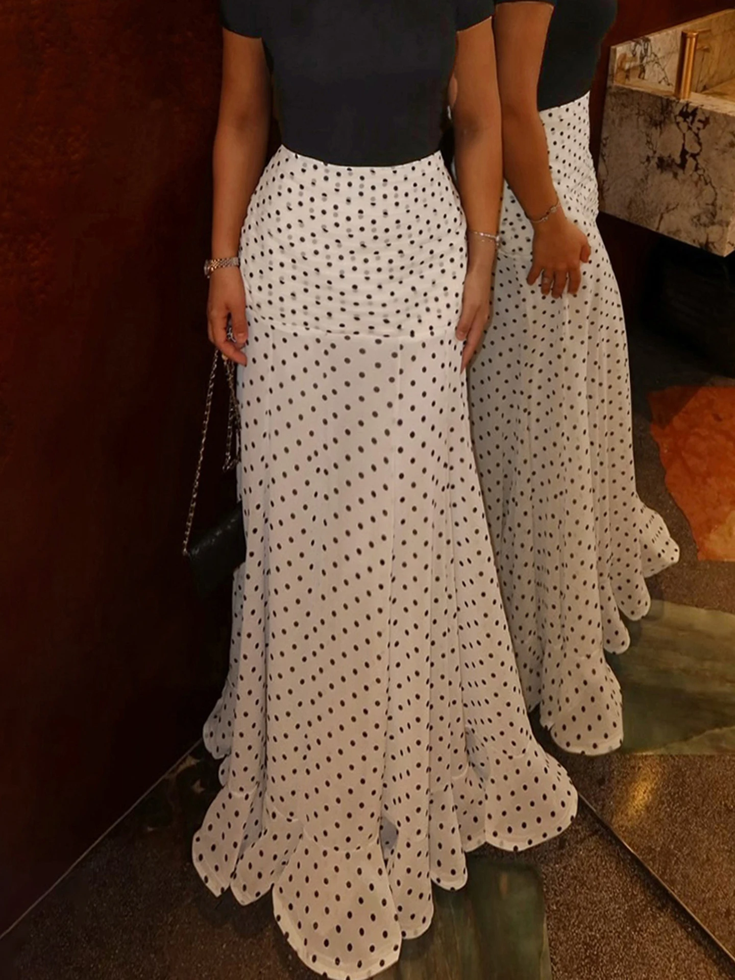 

Sweetown модные элегантные длинные юбки с оборками в горошек в стиле пэчворк, свободные женские рубашки из прозрачной сетки Fairycore