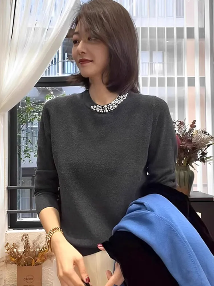 

Ele Round Ne Вязаный свитер с дизайном из бисера Long Sve Casual Sle Женский модный топ Quali Корейский Sle Осень...