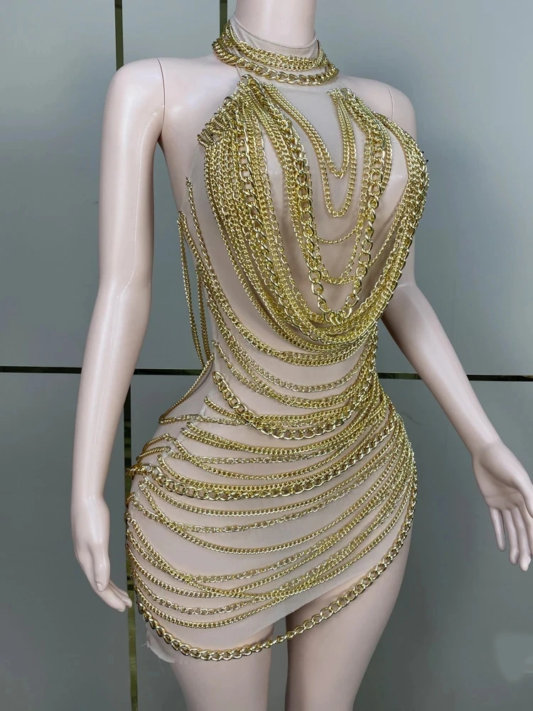 Golden Color Chain Tassels Sexy Backless See Through Mesh Dress Evening Party Nightclub Performance Costume Singer Stage Wear