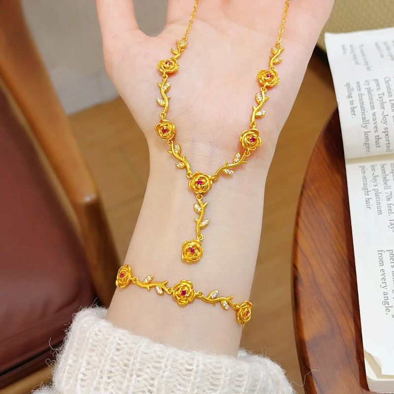 

Real 18kt Gold Color Zircon Rose Shape Necklace Fine Jewelry Pendant Chain Genuine Solid Color for Women Wedding Jewelry Gifts