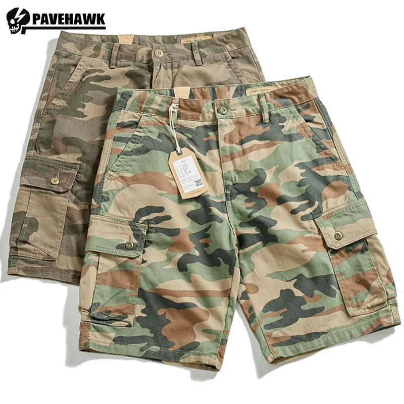 American Hunting Cargo Shorts Mens Summer Cotton Woven Camouflage Tactics Tooling Mid Pants Big Pocket Casual Sports Overalls