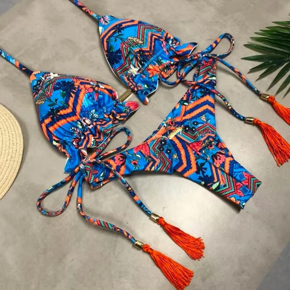 

Women'S Summer Sexy Print Lace Up Detachable Chest Bikini Split Swimsuit Traje De BañO Mujer Women'S Bikinis And Tankinis