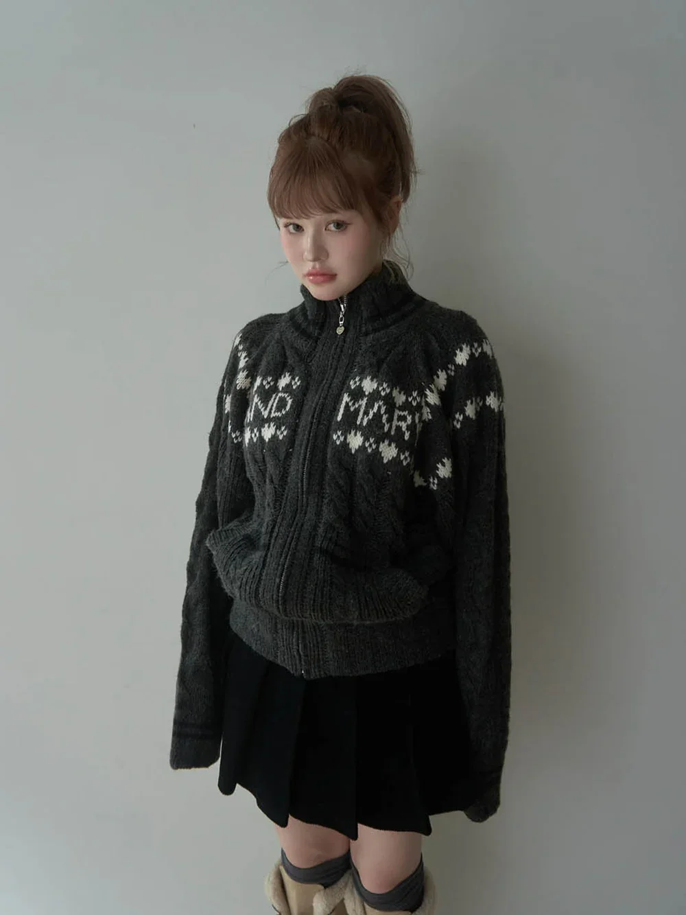 Jaket Sweater Rajut Motif Hati dan Huruf, Tekstur Baru Musim Dingin, Retro, Resleting, Cardigan Rajut Lengan Panjang, Longgar, Kasual