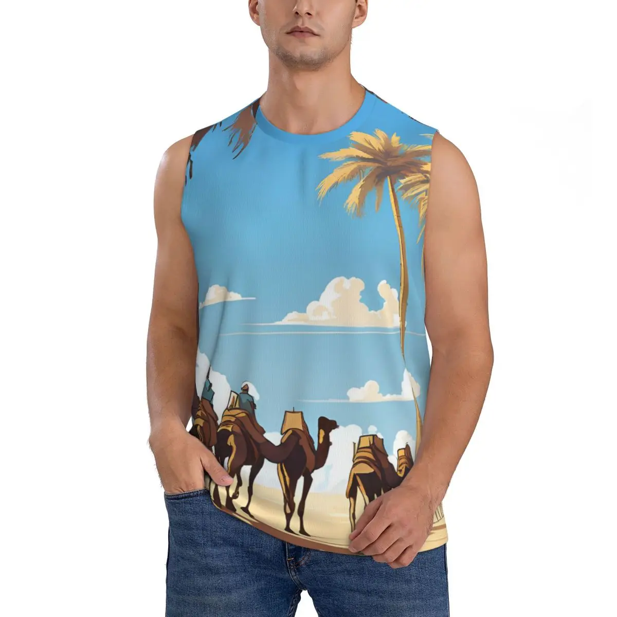 Caravan Under The Blue Sky Men Sleeveless Tank Tops Quick Dry Breathable Gym Fitness Running Summer Casual Sport Vest