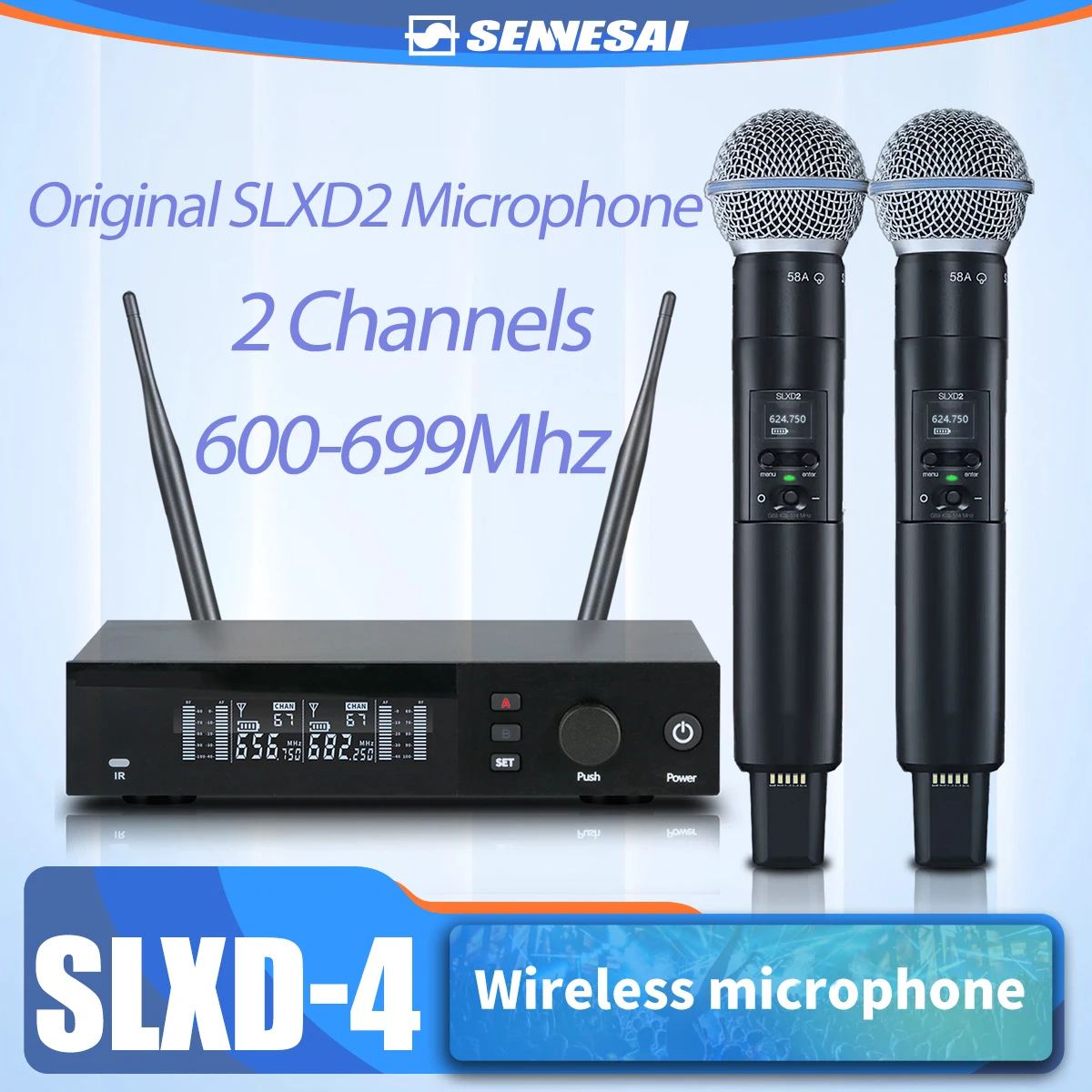 Top Quality！SLXD-4 B58 Professional Dual Wireless Microphone Stage Performance 2 Channels 600-699MHz UHF Karaoke Metal Handheld