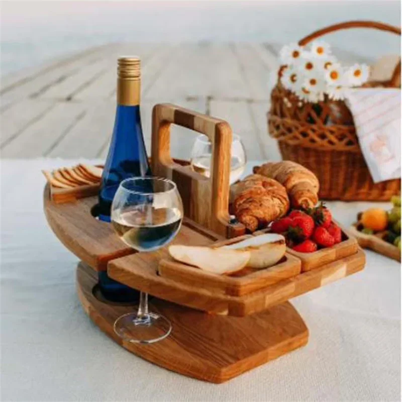 Mesa de Picnic plegable de madera con soporte de vidrio, escritorio redondo, estante de copa de vino, mesa plegable, bandeja de aperitivos para