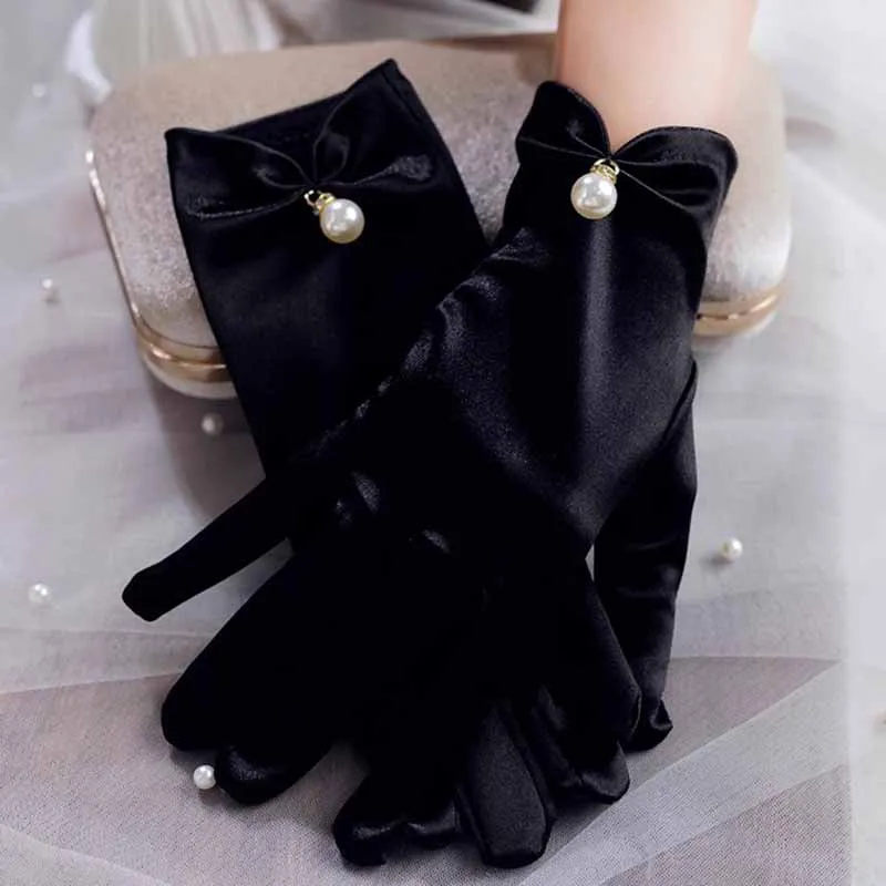 Women's Satin  Elegant Pearl Driving White Black Bridal Wedding Banquet Accessories Short Etiquette Dress Gloves