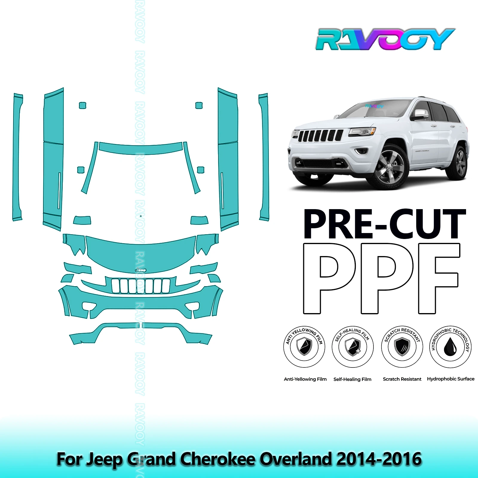 

8.5Mil Precut Paint Protection Film PPF Clear Bra Front Kit+Rockers For Jeep Grand Cherokee Overland 2014-2016