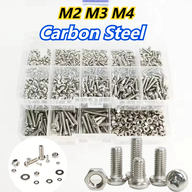 1 Box M2 M3 M4 Nickel Plated Carbon Steel Cross Round Pan Head Screw Bolt Nut Washer Mix Sizes Set Kit