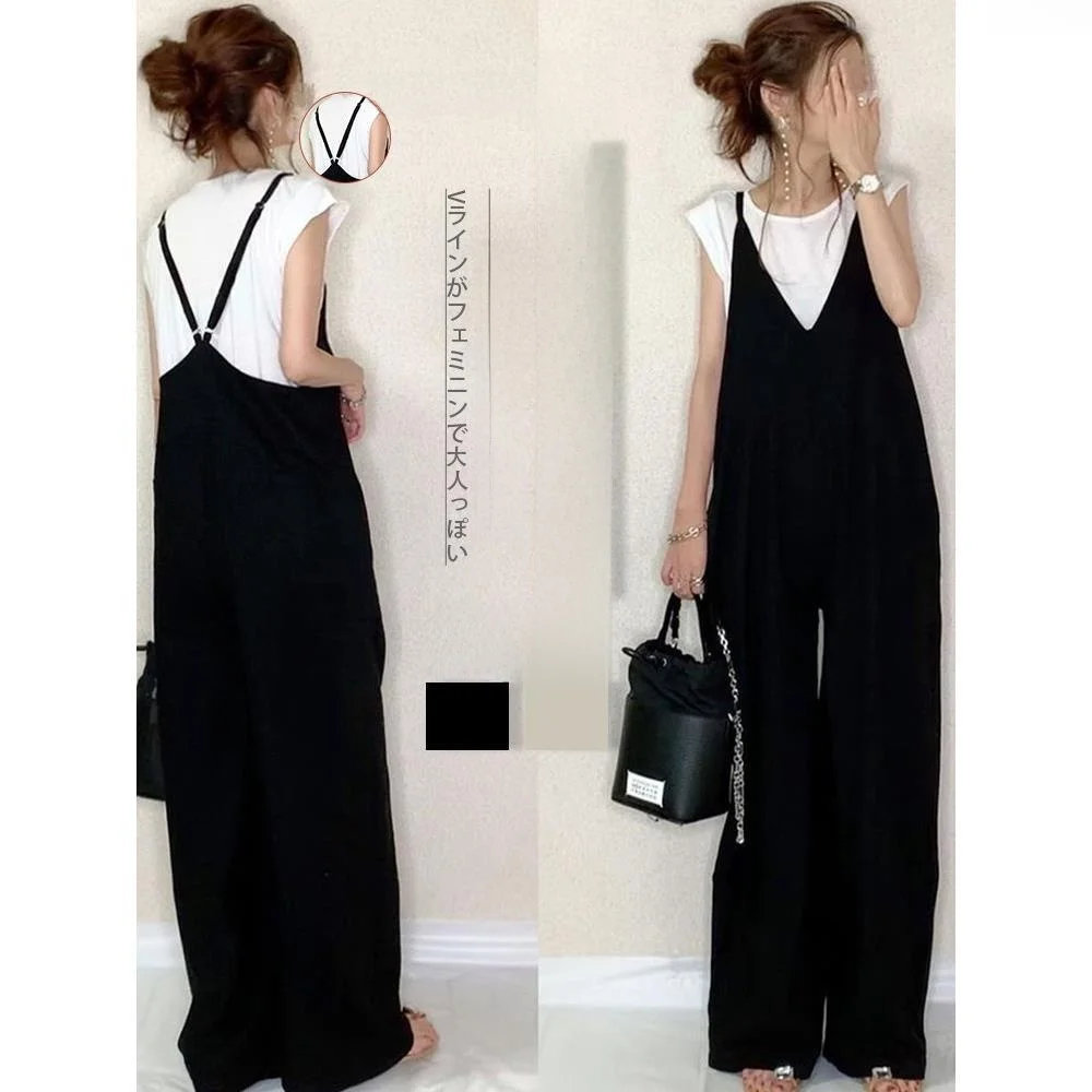 Casual Loose Straight Hair One-Piece Pants Women's Summer New Style Pure Color Versatile Strap Cross-Border Japanese Style