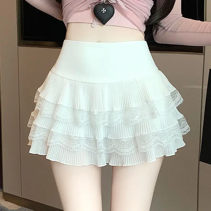 Women's 2026 Summer New White Lace Ruffled High Waist Fluffy Layered Cake Mini Skirt Sexy Hot Girl Sweet Y2K Korean Chic Street