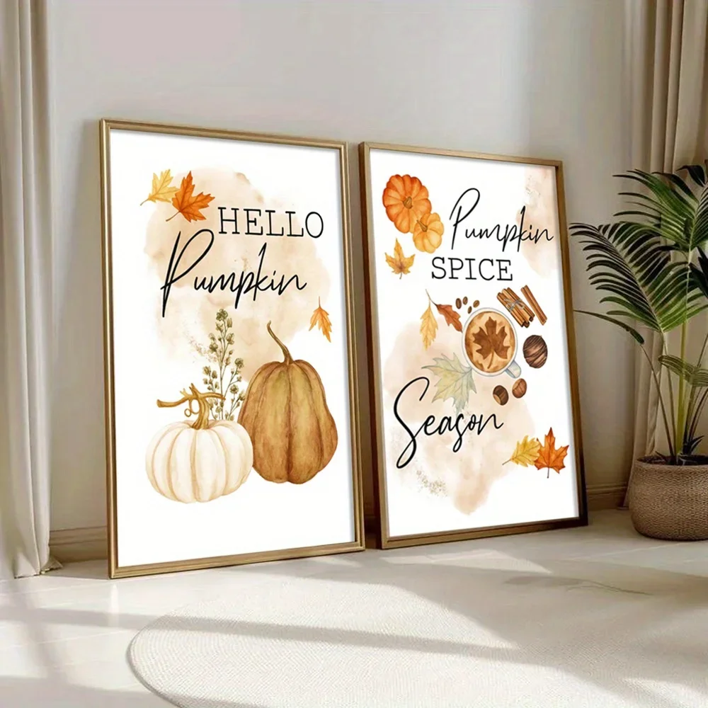 Canvas Painting 2pcs frameless  2pcs Minimalist Pumpkin Autumn Wall Art Pieces  The Living Room, with Harvest-themed Prints, As