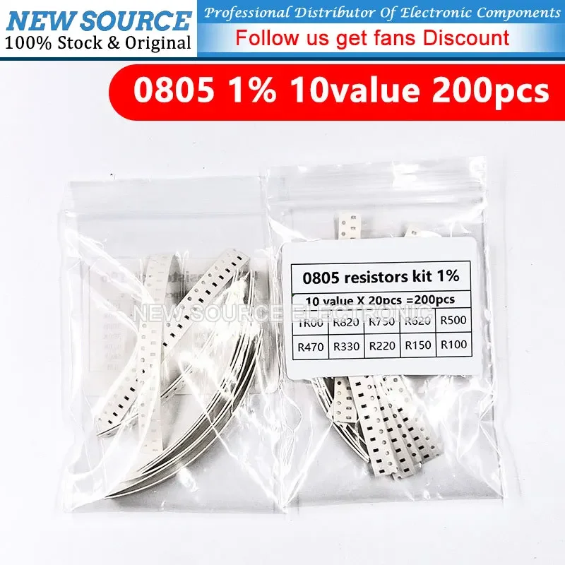 1% 0805 SMD 저항기 모듬 키트 세트, 10 값 X 20 개, 1R00 R820 R750 R620 R500 R470 R330 R220 R150 R100 Diy, 200 개