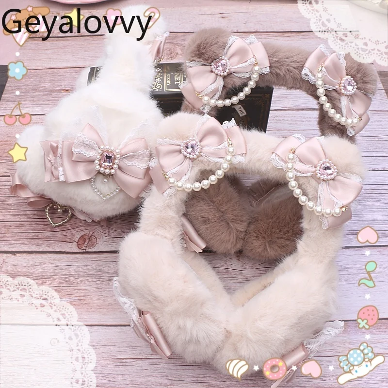 Японские оригинальные милые плюшевые наушники ручной работы с кружевным бантом и бисером, зимние универсальные теплые чехлы для ушей для девочек, защита