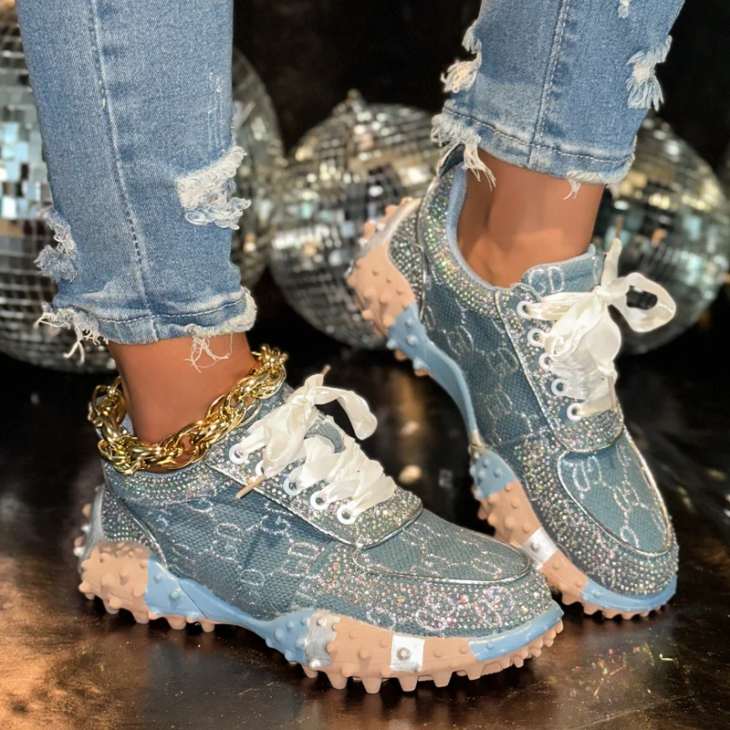 2026 Autumn Water Diamond Thick Bottom Shining Crystal Sports Shoes Luxury Designer Shoes Trendy Casual Shoes Zapatillas Mujer