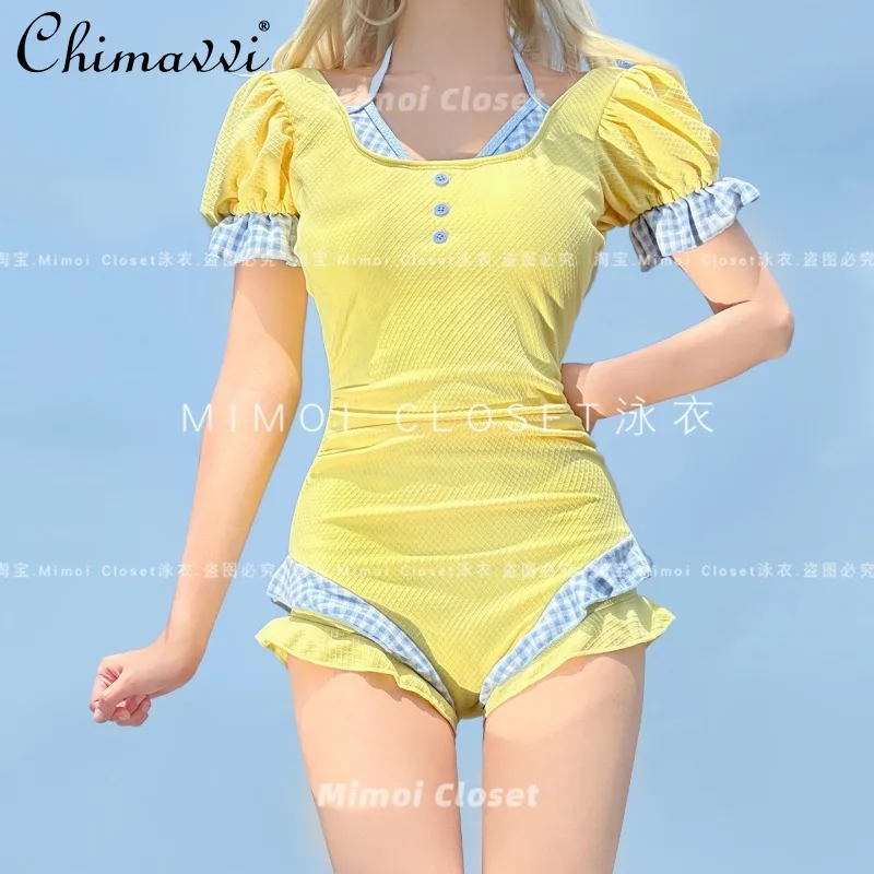 ربيع وصيف جديد النمط الياباني الحلو الليمون الأصفر نفخة الأكمام منقوشة قطعة واحدة الرغبة النقية لطيف فتاة سليم صالح Kawaii ملابس السباحة #4