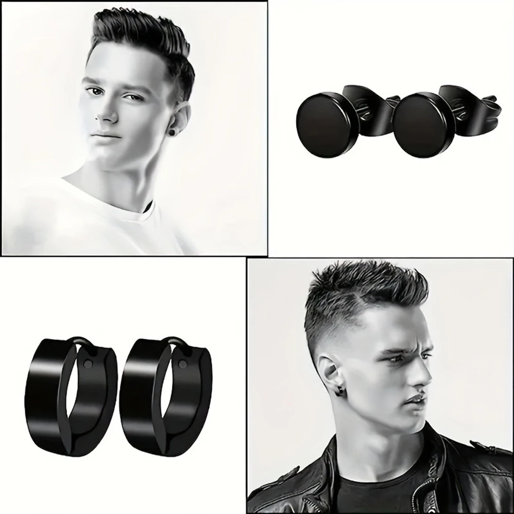 16 Pairs/ Set Men\'s Earrings FashionableStainless Steel Black Earrings Pierced Hoop Earrings Jewelry For Men And Women