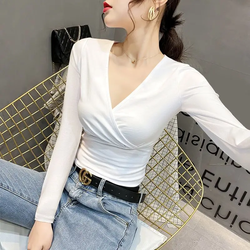 여성 브이넥 긴팔 반팔 티셔츠, 슬림핏 슬림핏, 얇고 코디하기 쉬운 단색, 용수철 가을 패션, 2023 신상