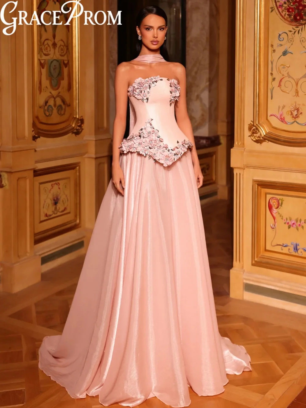 

With Corset Pink 3D Floral Evening Dress Opulent Crystal Strapless Long Party Gown Customized Elegant A-line Banquet Dresses