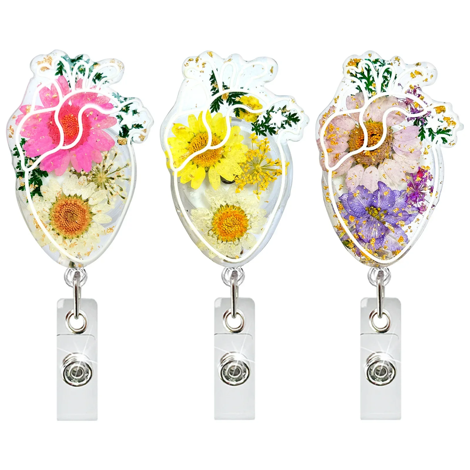 New Arrival 1 Piece High Quality Transparent Daisy Flowers Retractable Nurse Badge Reel Human Organ Anime Heart ID Card Holder