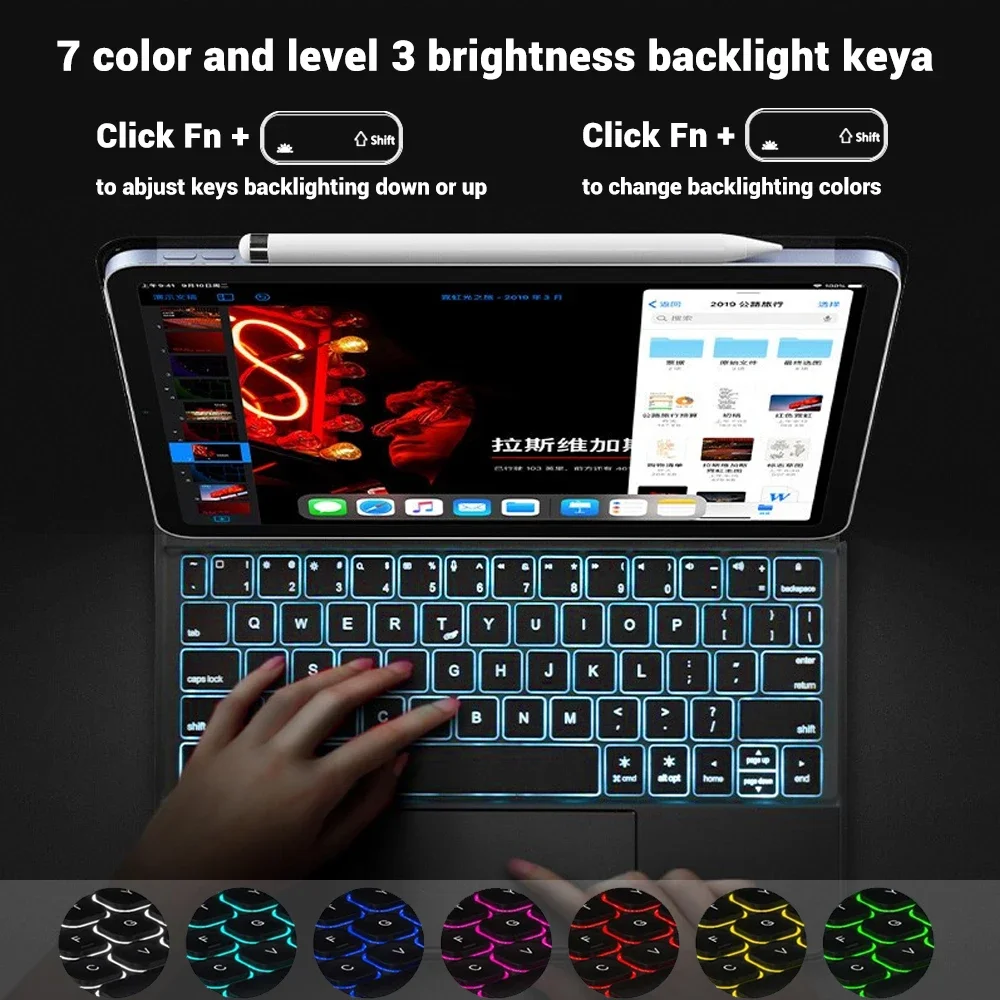 حافظة لوحة مفاتيح بإضاءة خلفية سحرية 2025 لجهاز iPad A16 11 10th Gen Air 4 5 10.9in Pro 11 12.9in 2018-2022 حافظة ذكية للكمبيوتر اللوحي عبرية إسبانية