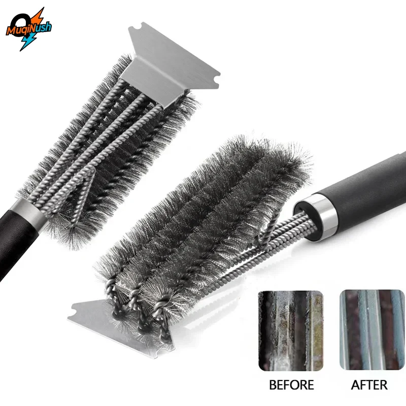 

MuqiNush Outdoor Camping Safe Grill Brushs and Scraper with Handle, Barbecue Cleaner Brush Stainless Steel Bristle BBQ Picnic