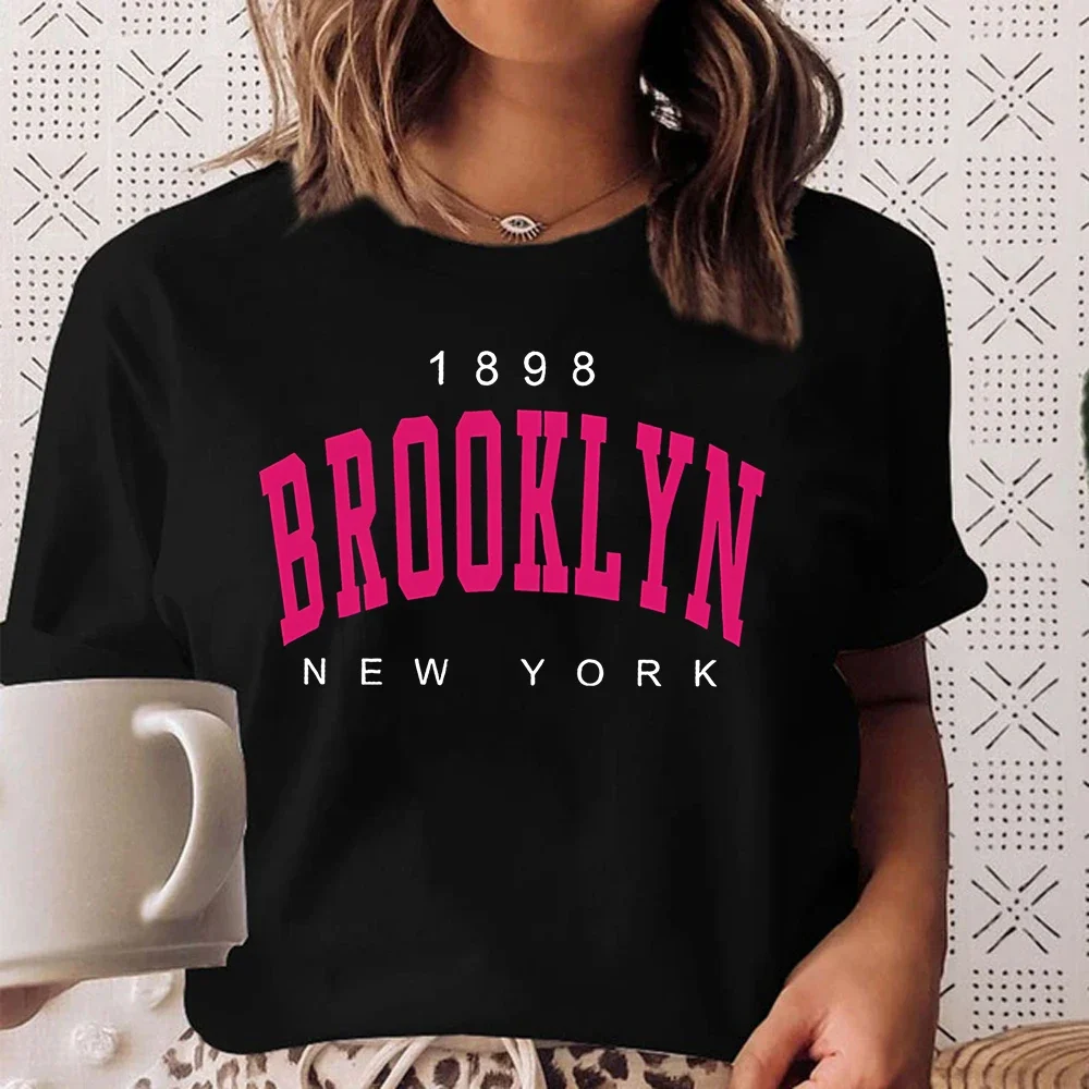 여성용 심플 프린트 티셔츠, 뉴욕 문자 티셔츠, 여성용 패션 티, 블랙 화이트 반팔, 여름 의류