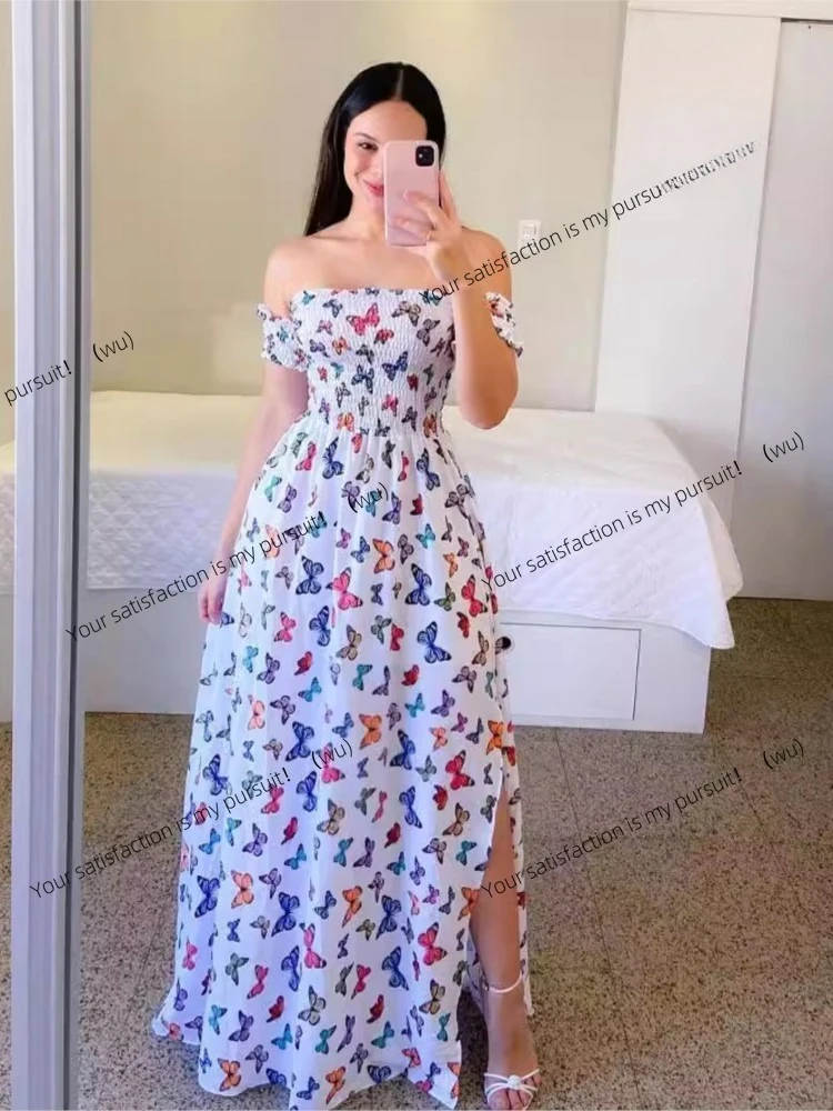 

Элегантное женское платье миди с открытыми плечами, 2024, летние модные платья, высокая талия, цветочный принт, короткий рукав, Vestidos, халат, одежда