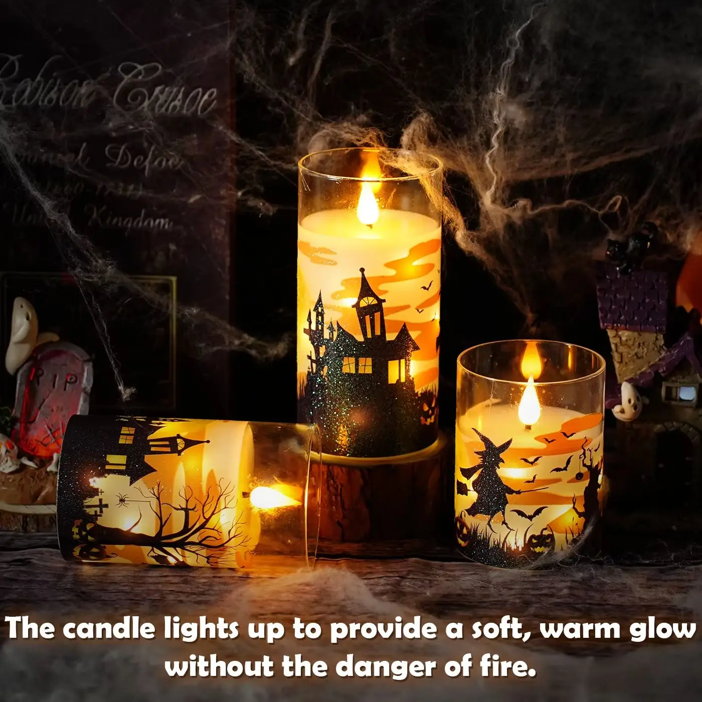 Halloween Flameless LED Candles Glass Paraffin Wax Flickering Remote Control Timer Battery Operated Built-in Fairy Light Decor
