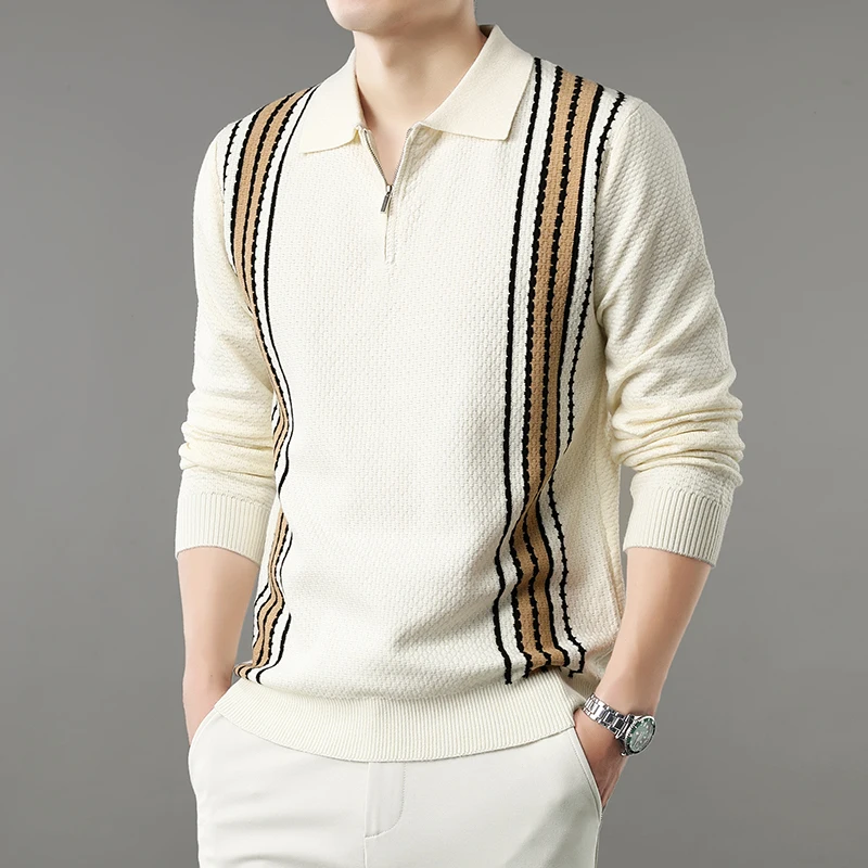 

Striped Long Sleeved Men's Knitted Polo Shirt with A Light Luxury and High-end Feel, 2025 New Men's Half Zipper T-shirt
