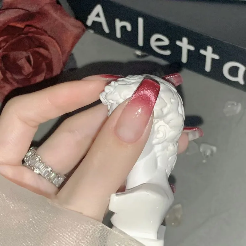 30 Pcs False Nails with Glue French Coffin Nails Press on With Charms Long Rose Gradient Cat Eye Fashion Nail Tips for Girls