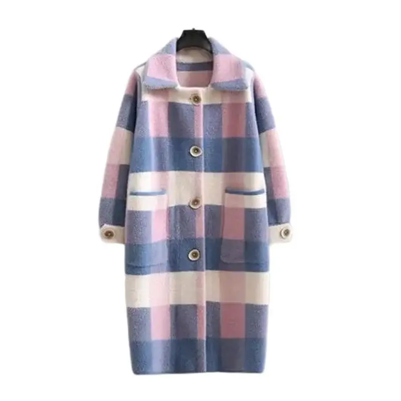 Fall/Winter Women\'s Jacket Imitation Mink Velvet Coat New Plaid Mid Long Overcoat Sweater Cardigan Jacket Lapel Warm Female Top