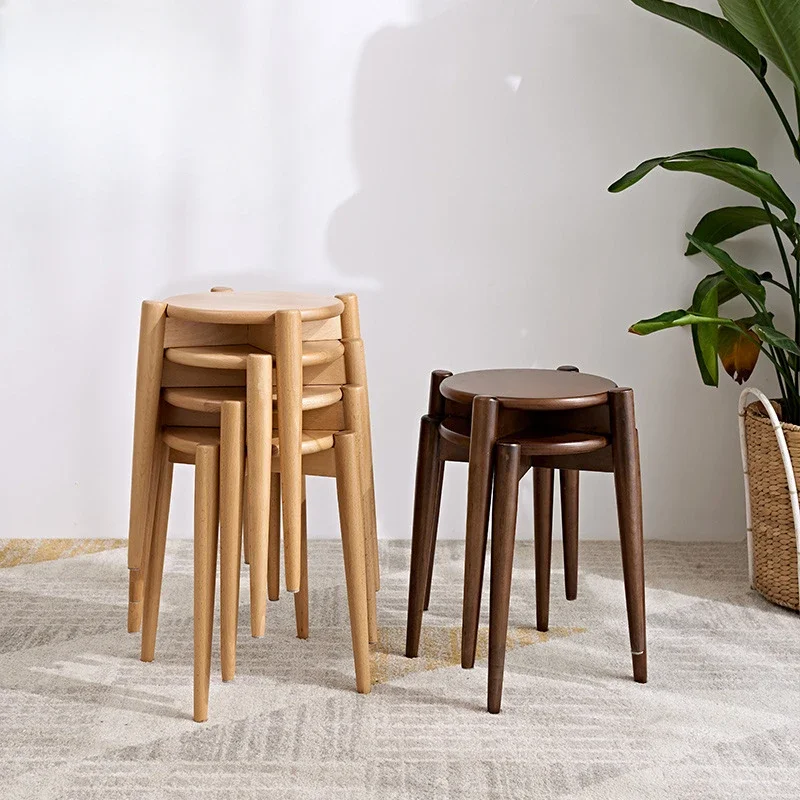 

Stacked Style Dining Chair Nordic Beech Dining Table Stool Bedroom Round Dressing Seat Minimalist Save Space Modern Furniture