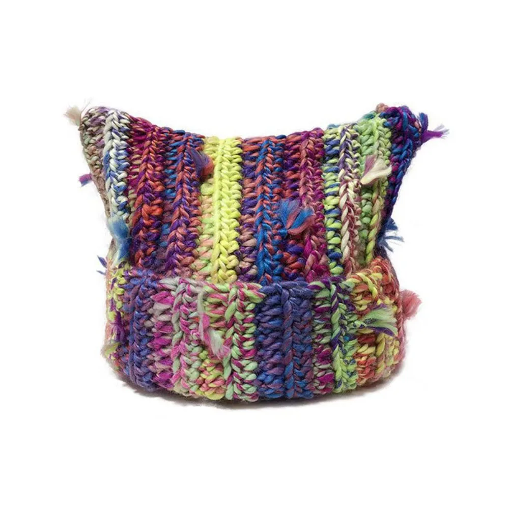 

Mixed Color Cat Ears Hat Fringed Design Striped Pattern Knitted Beanie Thick Line Hand Crocheted Crochet Beanie Cold Weathe