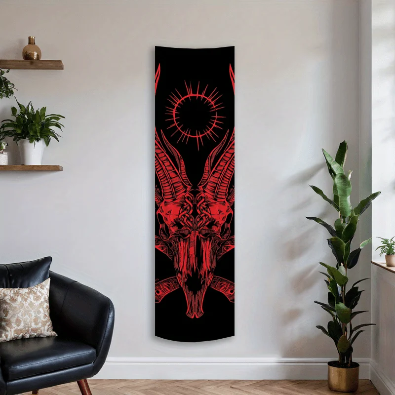 VIKAMA Dark Mountain Goat Demon Tapestry, Red Antlered Skull Long Strip Soft Wall Covering, Home Decoration