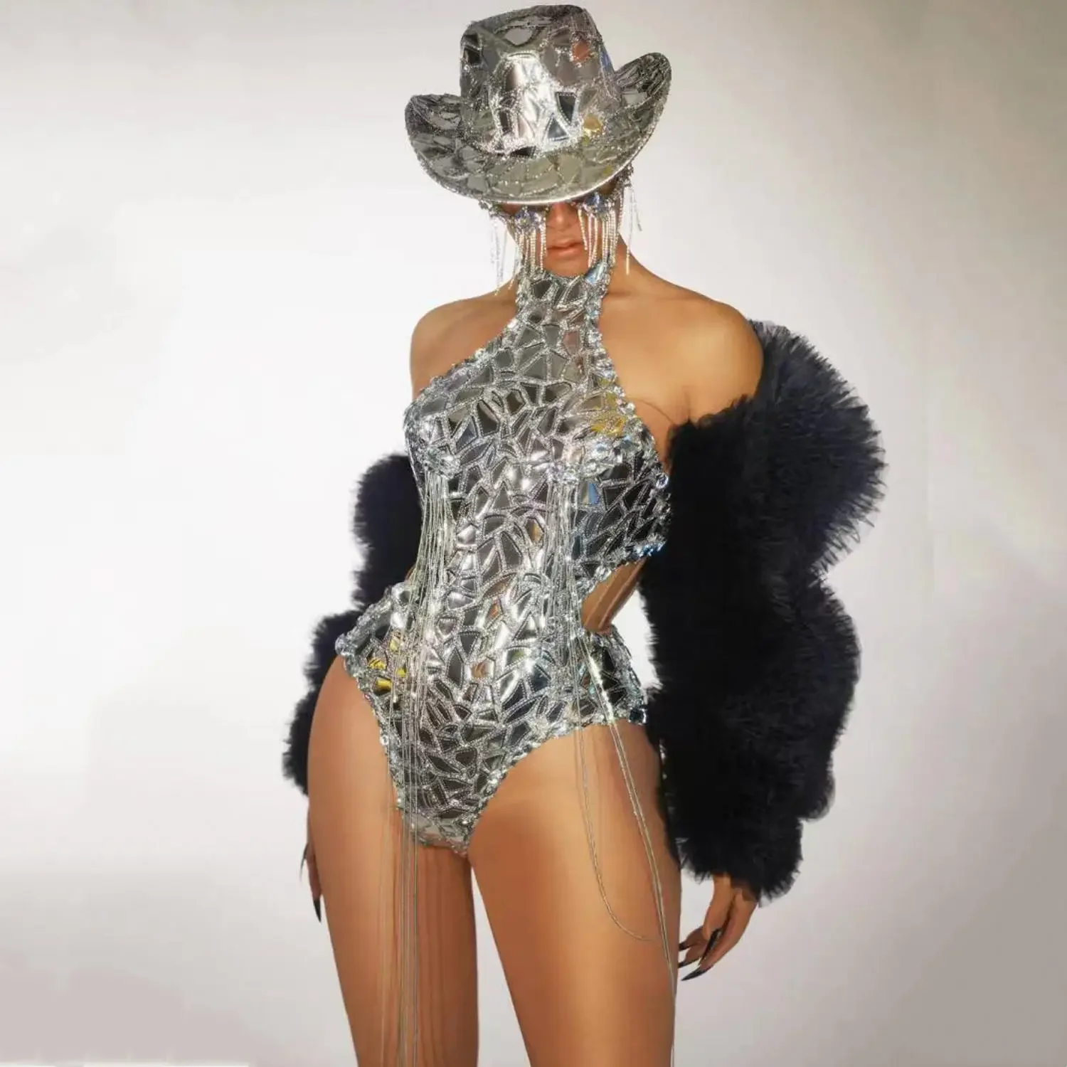 

Silver Night Out Wear Drag Queen Outfit with Hat Shinny Sequins Bodysuit Women Dancer Nightclub Party Tassel Costume Liangpian