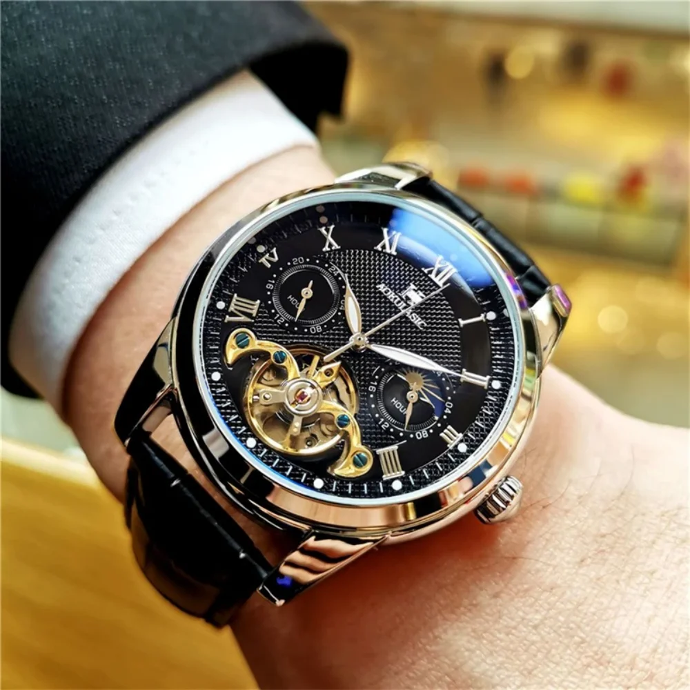 [24-Hour Hollow Tourbillon Watch] Commercial-Style Hollow Tourbillon Mechanical Watch - Men's Skeleton Design, 24-Hour Display, Skeletonized Design, Round Alloy Case, Automatic Winding, No Battery Needed, the Preferred Gift Watch.
