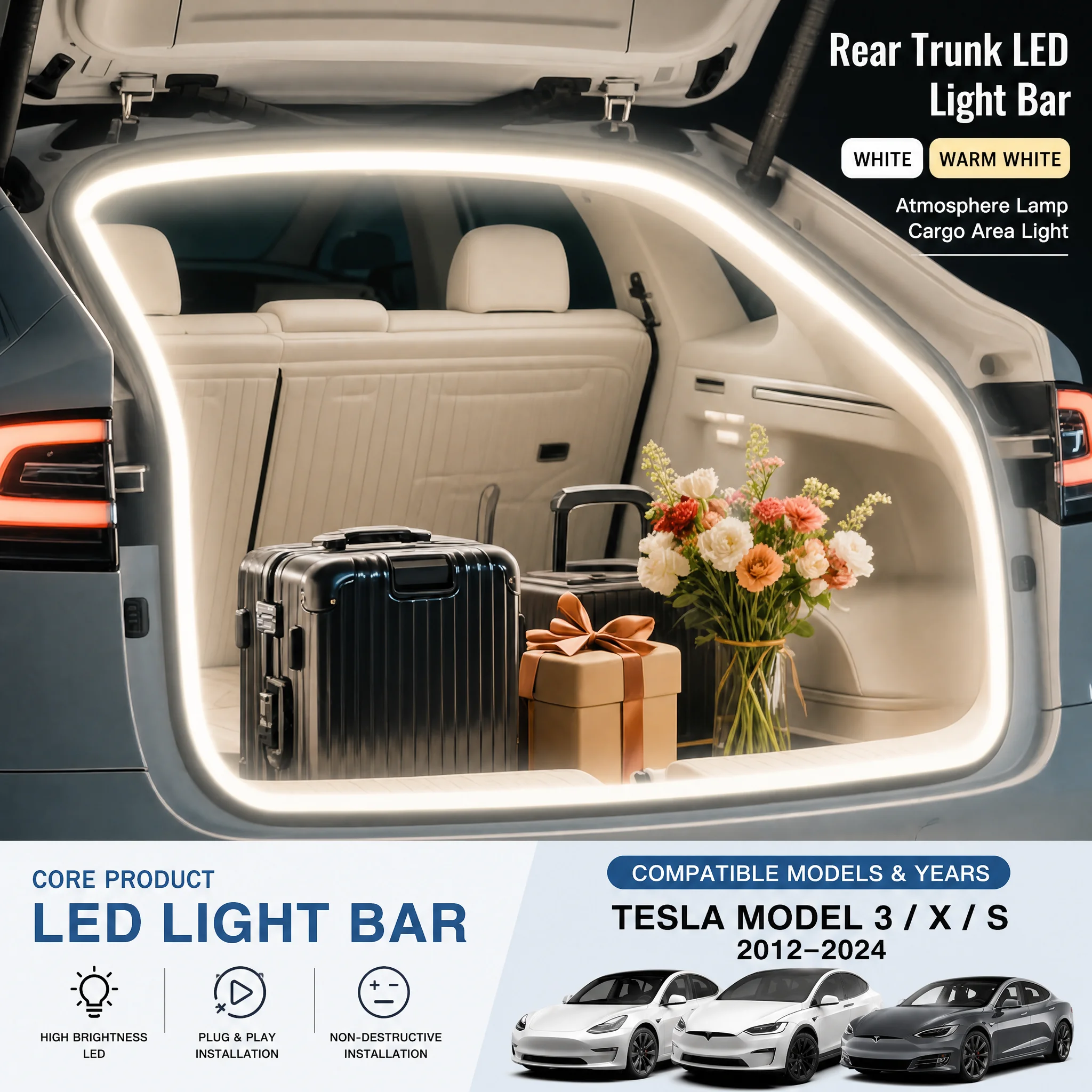 Rear Trunk LED Light Bar White Warm White Atmosphere Lamp For Tesla Model X Model S Model 3 Trunk Modification Cargo Area Light