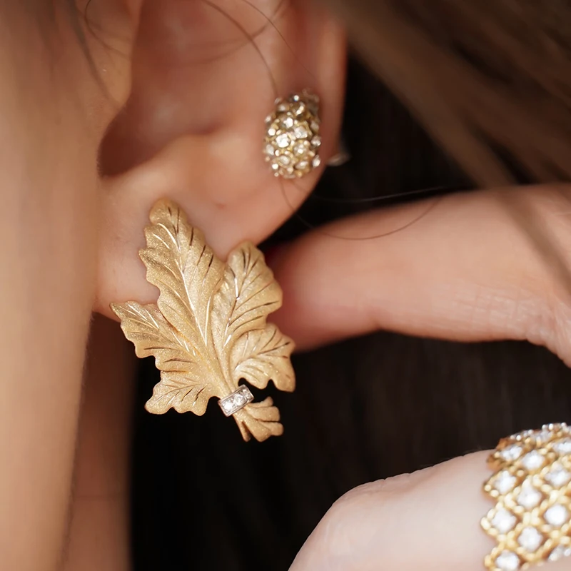 Aazuo Real Vintage Jewelry 18K Solid Yellow Gold Real Diamonds Fairy Leaf Clip Earrings Women's Engagement Party Jewelry Gift view 6