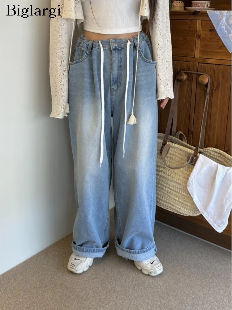 

Jeans Retro Spring Summer Pant Women Retro Fashion Loose Pleated Korean Style Ladies Trousers High Waist Woman Wide Leg Pants