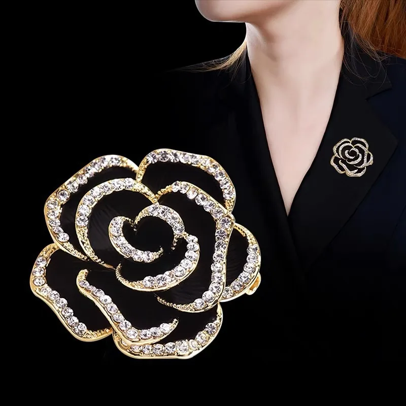 Rhinestone Golden And Black Floral Brooch Women\'s Camellia Pin Corsage Accessories Gift