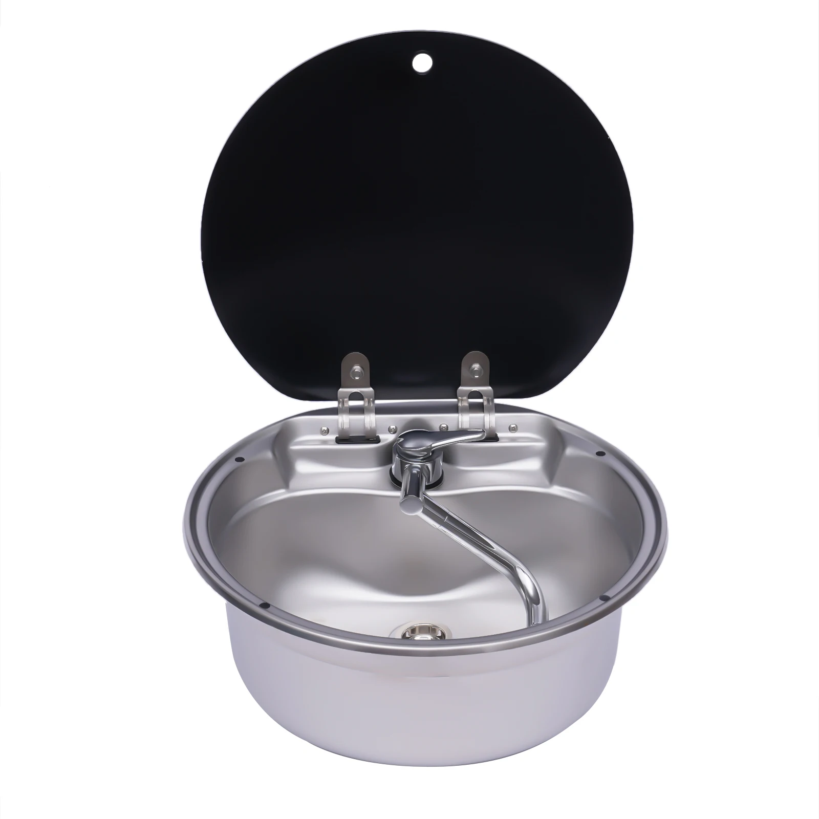 Lavello rotondo per camper, lavello in acciaio inossidabile da 16,06 x 5,9 pollici con rubinetto e coperchio in vetro, lavabo a vasca singola per camper e roulotte