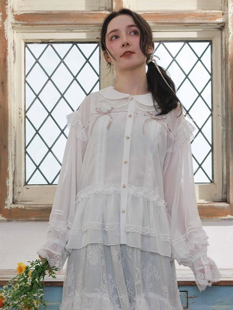 

Axes Femme Japanese Style Casual Lightweight Lace Trimmed Blouse Chiffon Shirt Loose Fit Long Sleeve Breathable Skin-Friendly