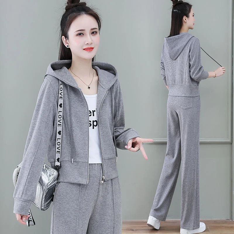 Casual Sportswear Sports Sweater Suit Women's 2023 Spring Dress Western Style Aging High-end Slim Wide-leg Pants Two-piece Suit