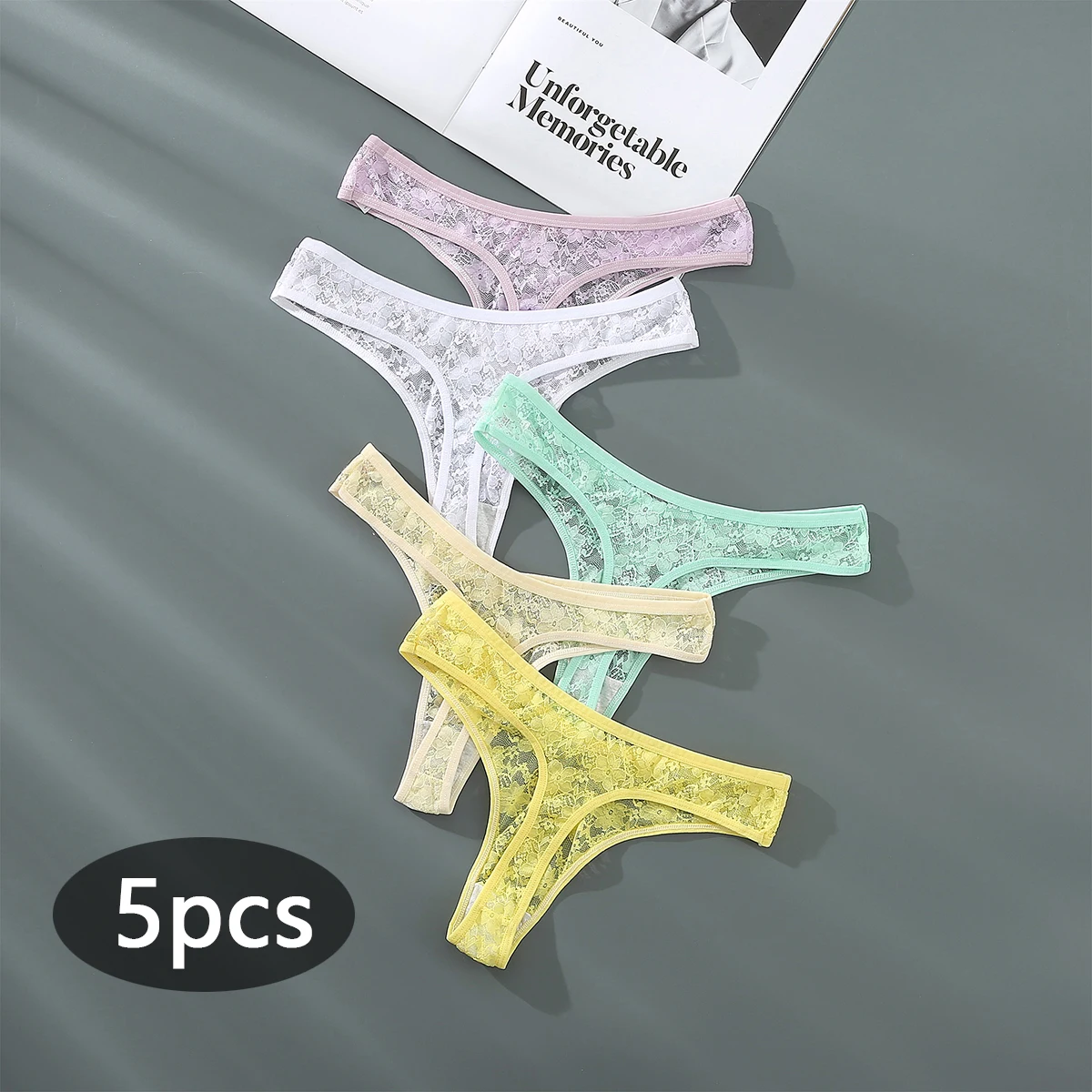 5Pcs Women Floral Lace Panties Sexy Underwear Seamless Thong Solid Color Underpants Soft G-string Breathable Intimates Lingerie