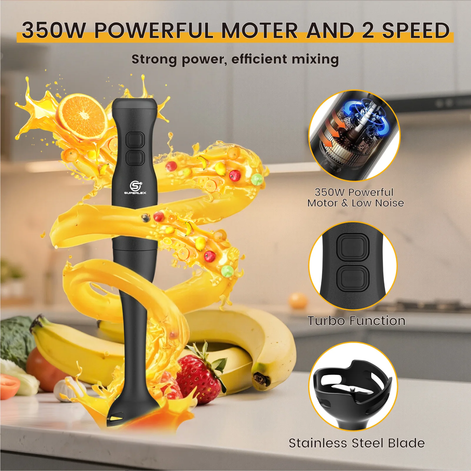 SUPERLEX 350W 4-in-1 Immersion Hand Stick Blender Set, 2 Speed & Turbo Control, Stainless Steel Blade, Includes Whisk, Chopper & Measuring Cup for Soup, Smoothies, Baby Food & Minced Meat