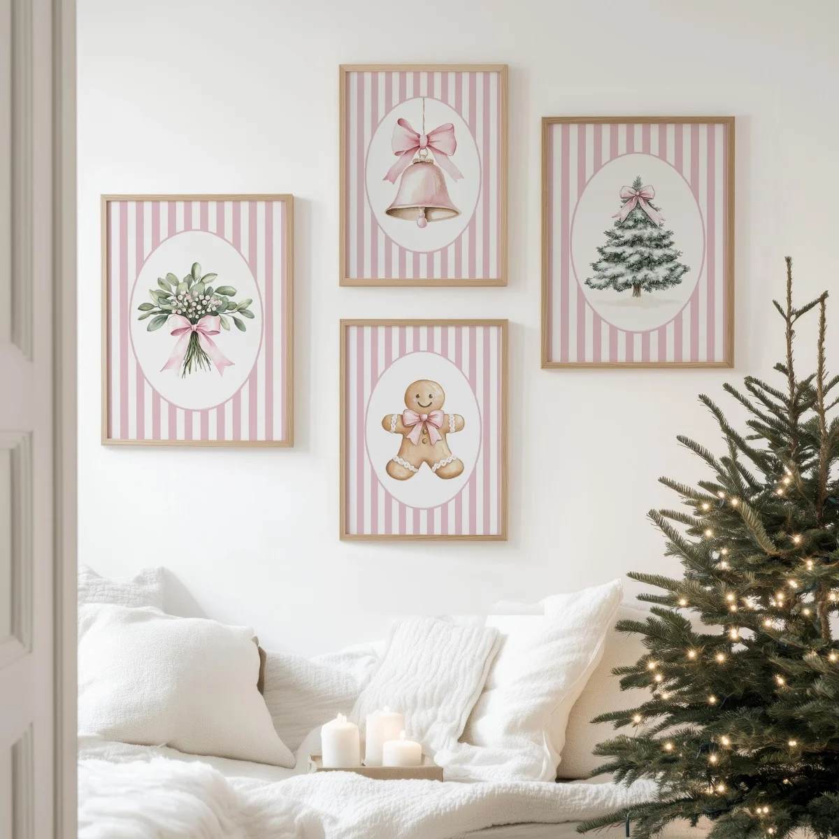 1/4pcs Coquette Christmas Canvas Prints Poster Pink Striped Christmas Tree Bell Gingerbread Winter Art Prints Holiday Home Decor
