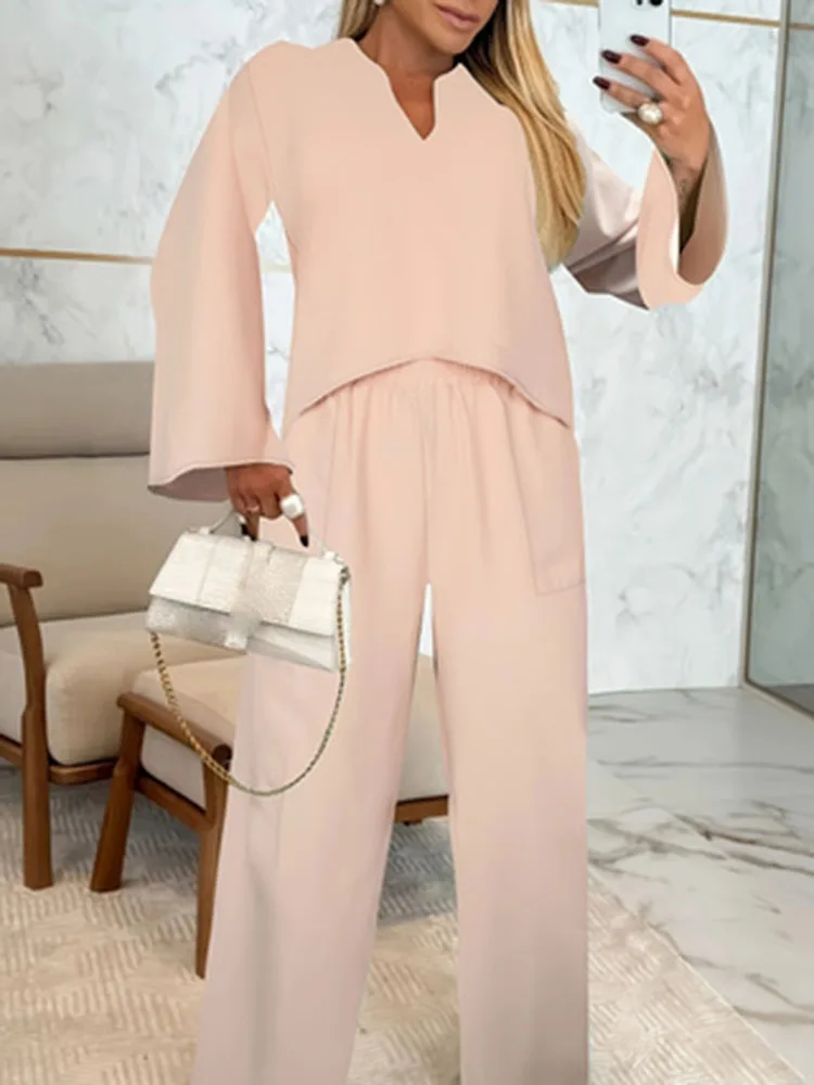

Vintage 2 Piece Set Suit Women's Spring Summer Boho Casual Long-sleeve Loose V-neck Top Suit Wide-leg Trousers Women Clothing